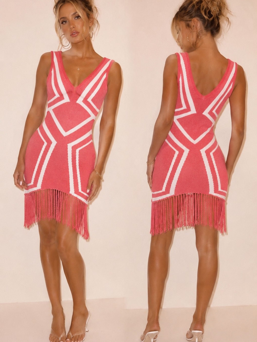 WOW couture Pink Knit Fringe Geometric Bodycon Dress